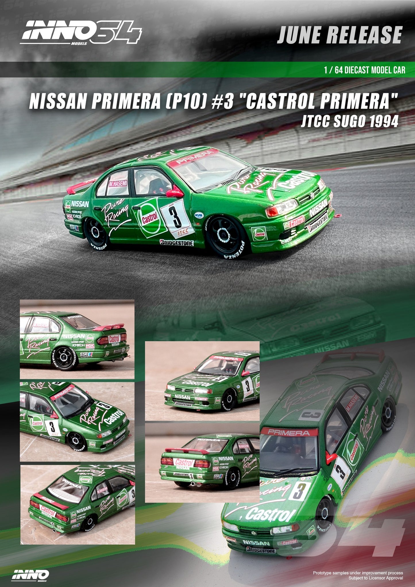 Inno64 Nissan Primera P10 #3 Castrol Primera JTCC Sugo 1994 Green 1:64