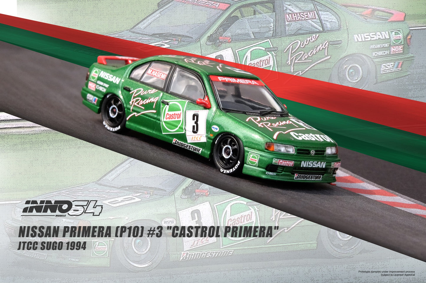 Inno64 Nissan Primera P10 #3 Castrol Primera JTCC Sugo 1994 Green 1:64