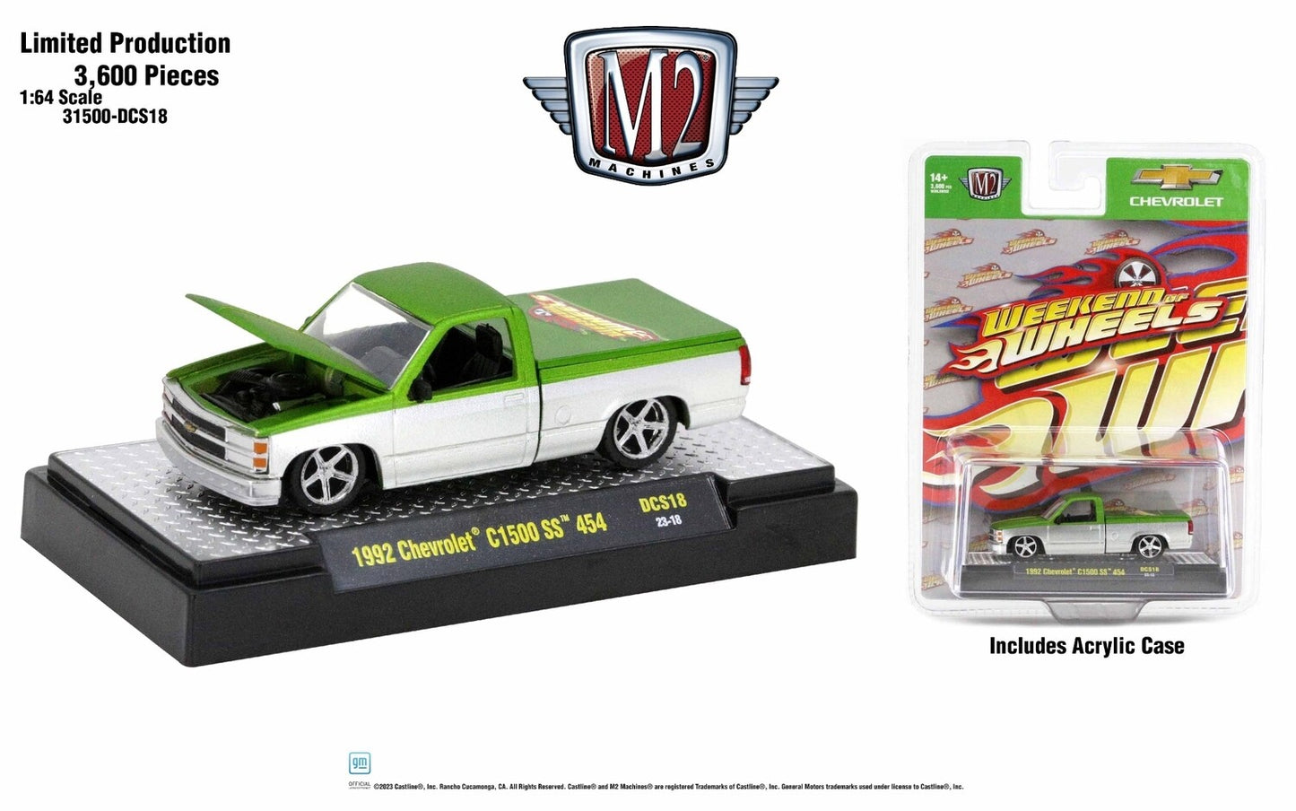 M2 Machines 2023 Weekend of Wheels Exclusives 1992 Chevrolet C1500 SS 454 Lime Green White 1:64