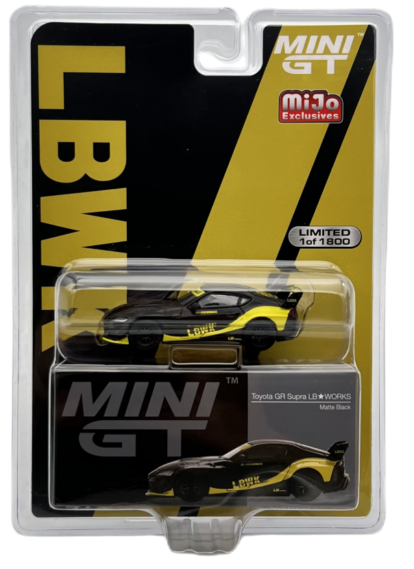 Mini GT Mijo Exclusives  472 Toyota GR Supra LB WORKS Matte Black Yellow 1:64