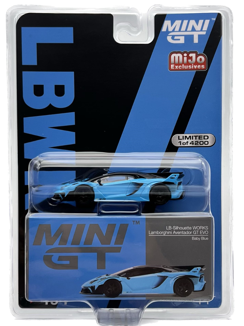 Mini GT Mijo Exclusives 494 Lb Silhouette Works Lamborghini Aventador GT EVO Baby Blue 1:64