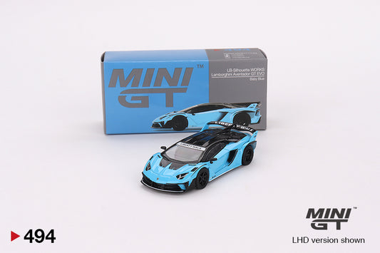 Mini GT Box Version 494 LB Shilouette WORKS Lamborghini Aventador GT EVO Baby Blue 1:64