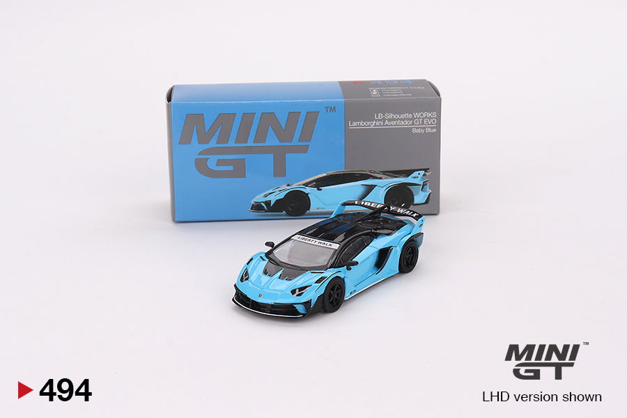 Mini GT Mijo Exclusives 494 Lb Silhouette Works Lamborghini Aventador GT EVO Baby Blue 1:64