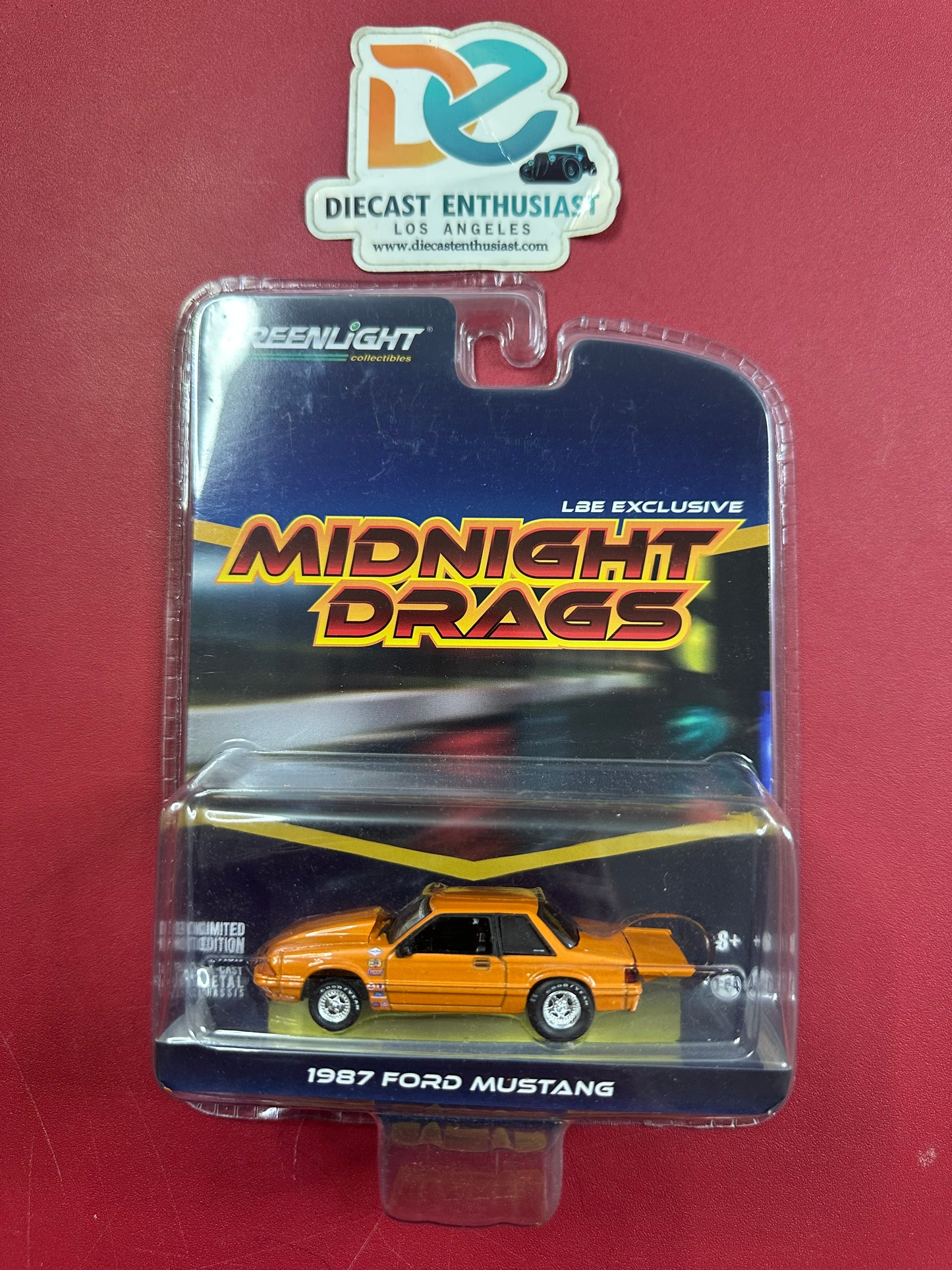 Greenlight LBE Exclusive Midnight Drags 1987 Ford Mustang Orange 1:64