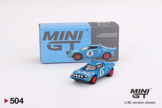 Mini GT Box Version 504 Lancia Stratos HF #4 1979 Rally MonteCarlo Winner Blue 1:64