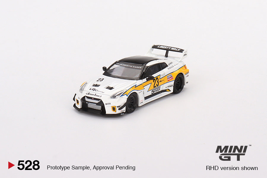 Mini GT Mijo Exclusives 528 Nissan LB Shilouette WORKS GT 35GT-RR Ver 1 LB Racing White Yellow 1:64