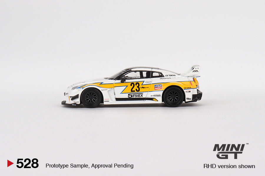 Mini GT Mijo Exclusives 528 Nissan LB Shilouette WORKS GT 35GT-RR Ver 1 LB  Racing White Yellow 1:64