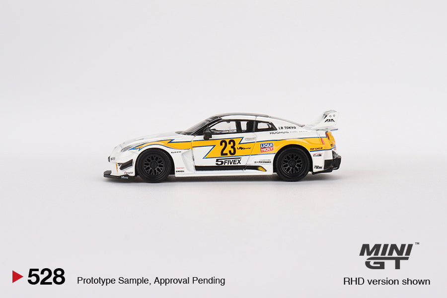 Mini GT Mijo Exclusives 528 Nissan LB Shilouette WORKS GT 35GT-RR Ver 1 LB Racing White Yellow 1:64