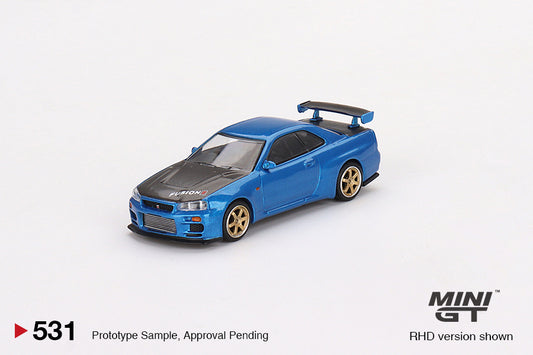 Mini GT Box Version 531 Nissan Skyline GT-R (R34) Top Secret Bayside Blue 1:64