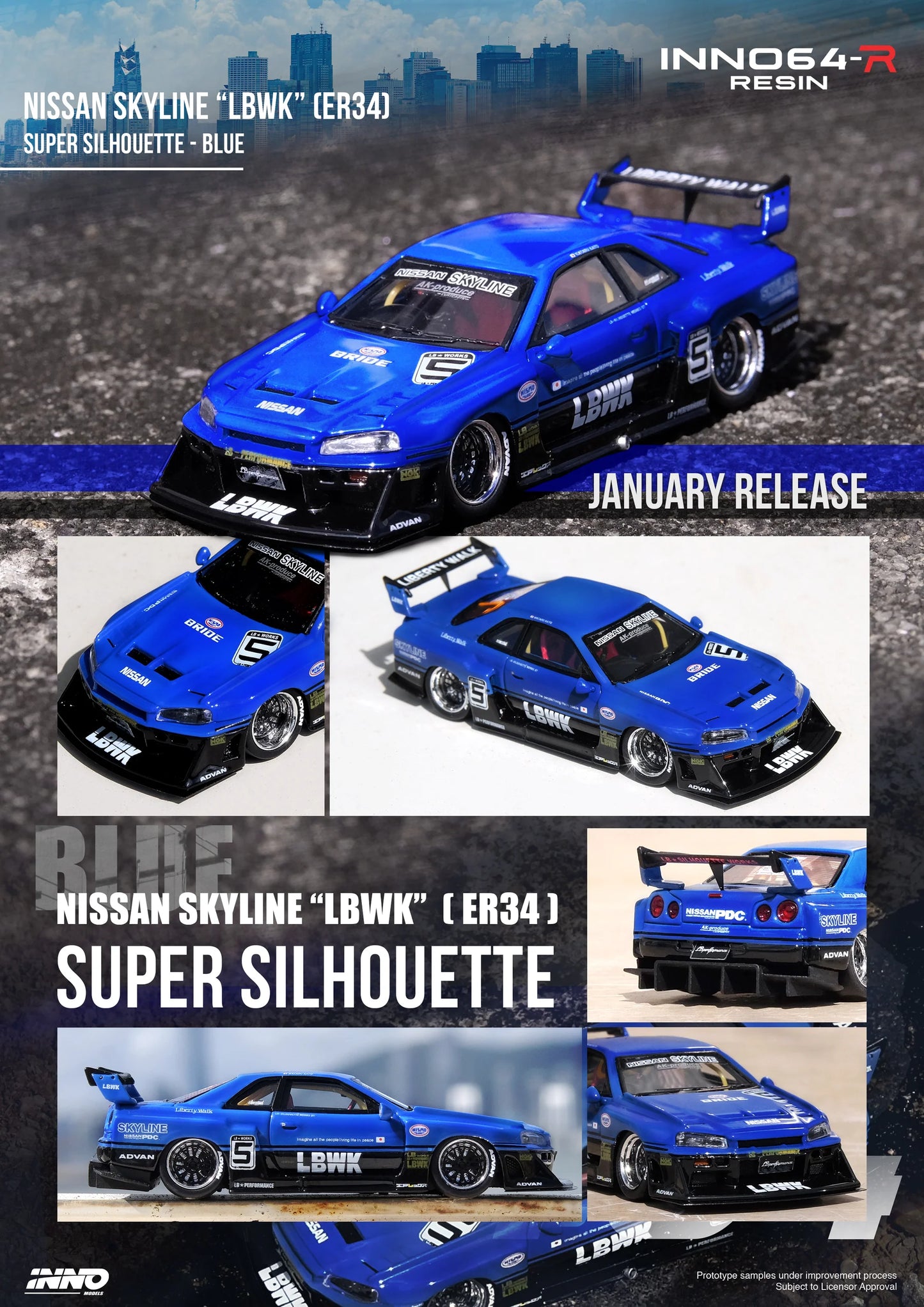 Inno64 Nissan Skyline LBWK ER34 Super Silhouette Blue 1:64