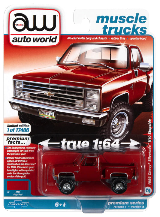 Auto World Muscle Trucks 1986 Chevy Silverado K10 Stepside Bright Red 1:64