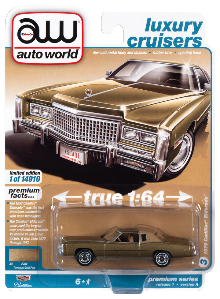 Auto World Luxury Cruisers 1975 Cadillac Eldorado Tarragon Gold Poly 1:64
