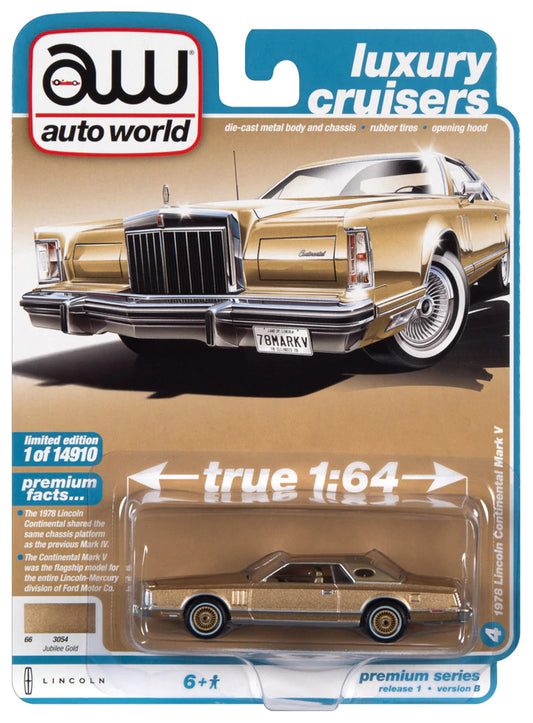 Auto World Luxury Cruisers 1978 Lincoln Continental Mark V Jubilee Gold 1:64