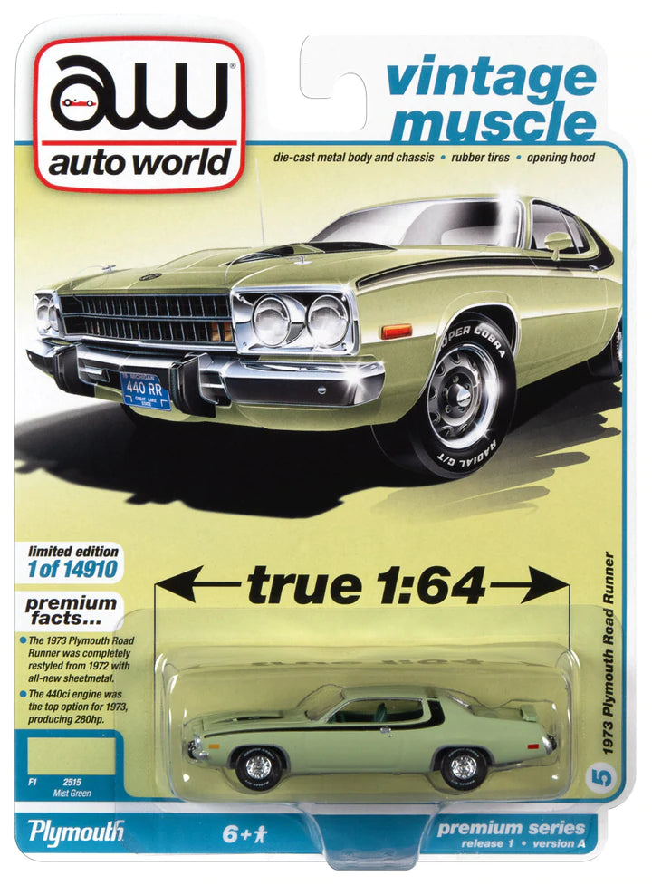 Auto World Vintage Muscle 1973 Plymouth Road Runner Mist Green 1:64