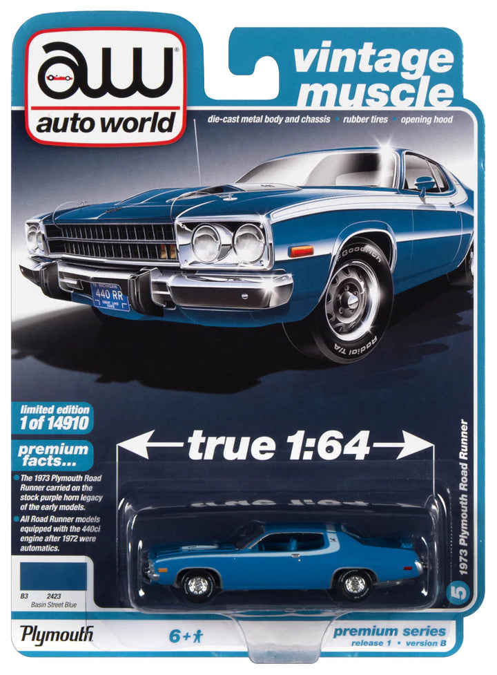 Auto World Vintage Muscle 1973 Plymouth Road Runner Basin Street Blue 1:64