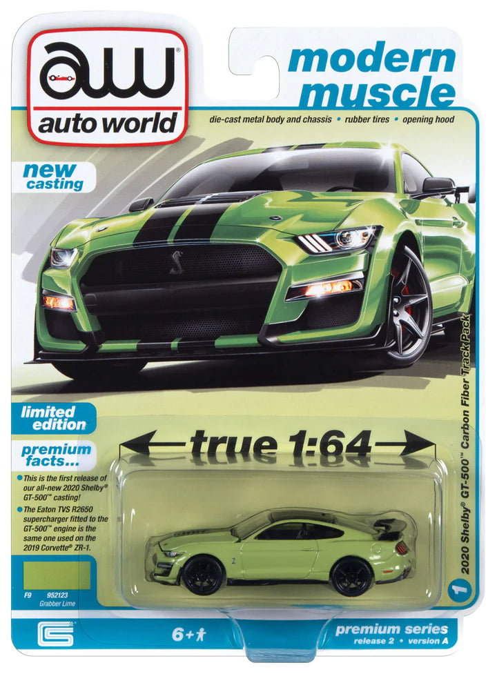 Auto World Modern Muscle 2020 Shelby GT500 Carbon Fiber Track Pack Grabber Lime 1:64