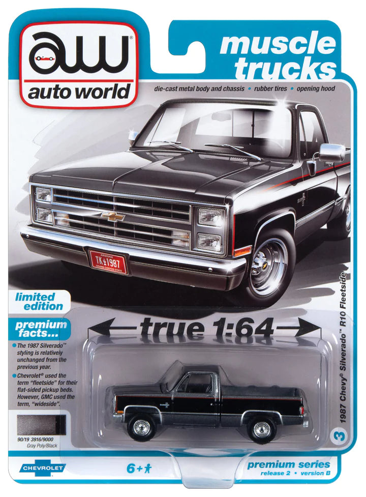 Auto World Muscle Trucks 1987 Chevy Silverado R10 Fleetside Gray Poly Black 1:64