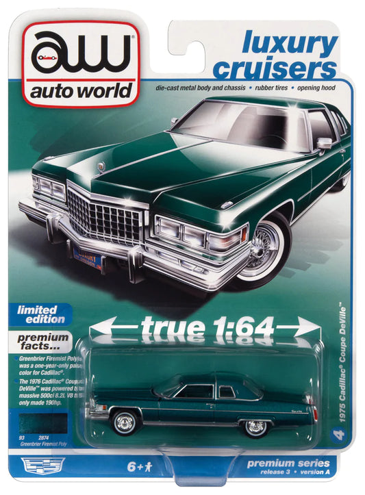 Auto World Luxury Cruisers 1975 Cadillac Coupe DeVille Greenbrier Firemist Poly 1:64