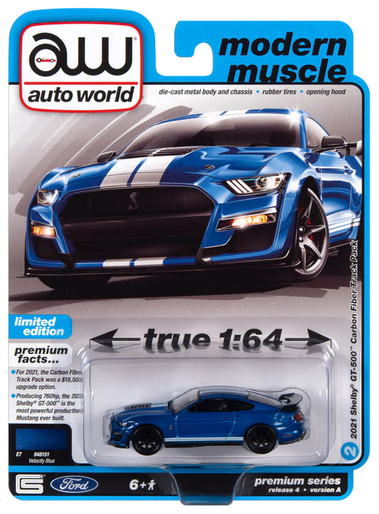 Auto World Modern Muscle 2021 Shelby GT500 Carbon Fiber Track Pack Velocity Blue 1:64