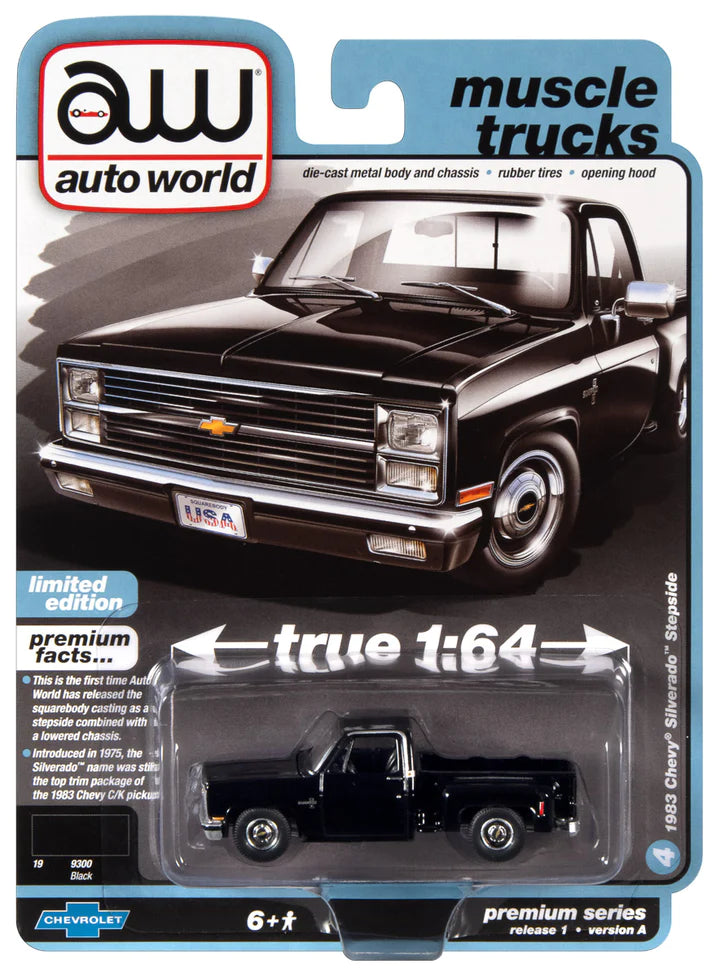 Auto World Muscle Trucks 1983 Chevy Silverado Stepside Black 1:64