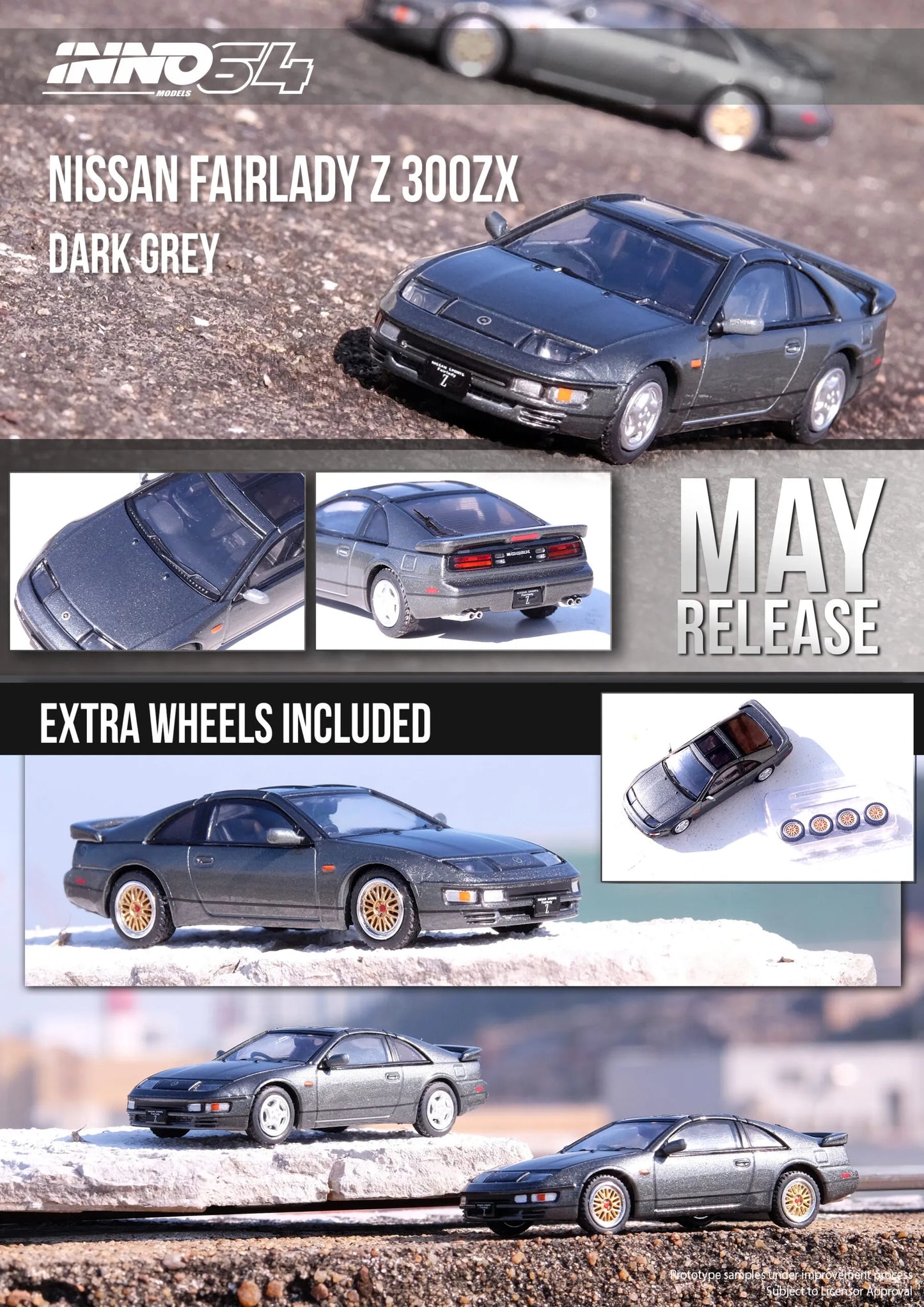 Inno64 Nissan Fairlady Z 300ZX Dark Grey with Extra Wheels 1:64