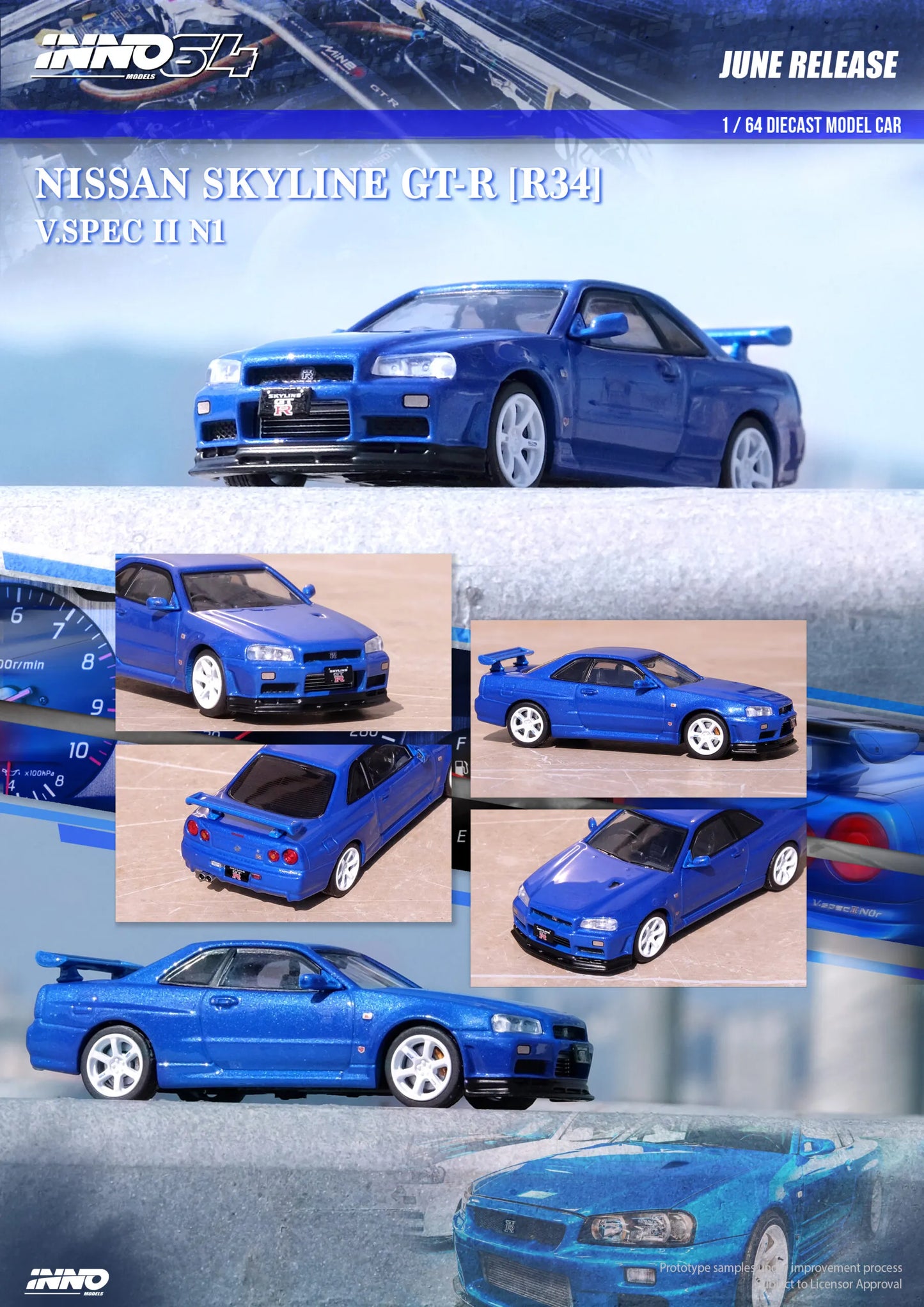 Inno64 Nissan Skyline GTR R34 VSpec II N1 Blue 1:64