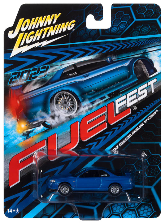 Johnny Lightning 2023 Weekend of Wheels Exclusives Fuel Fest 2002 Nissan Skyline GTR BNR34 Blue 1:64