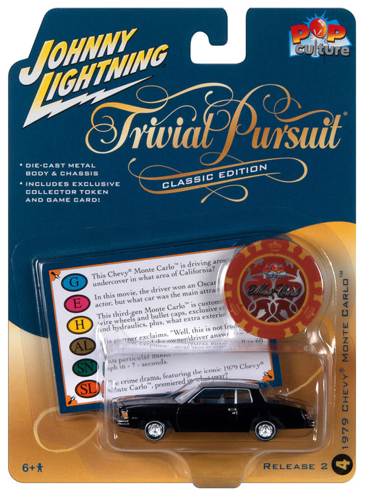 Johnny Lightning Pop Culture 2023 Trivial Pursuit 1979 Chevrolet Monte Carlo Black with Poker Chip 1:64