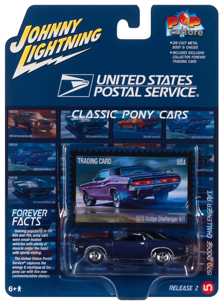 Johnny Lightning Pop Culture 2023 USPS 1970 Dodge Challenger R/T Purple 1:64
