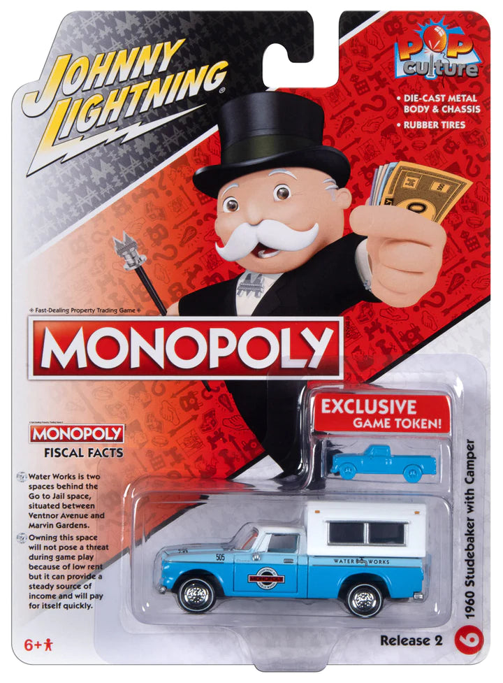 Johnny Lightning Pop Culture 2023 Monopoly 1960 Studebaker with Camper Token Blue 1:64