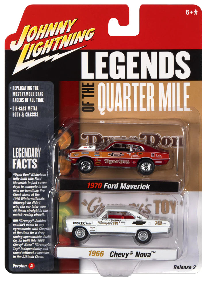 Johnny Lightning 2 Pack Legends Of The Quarter Mile 1970 Ford Maverick Dyno Don & 1966 Chevy Nova Bill Jenkins Version A 1:64