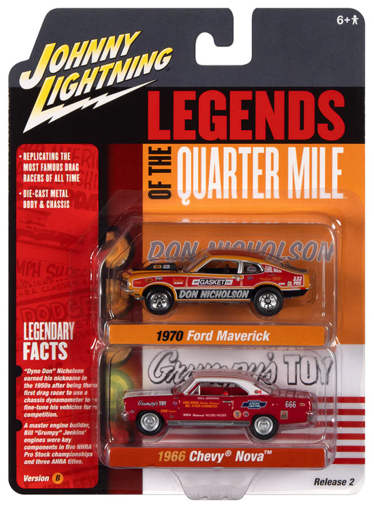 Johnny Lightning 2 Pack Legends Of The Quarter Mile 1970 Ford Maverick Don Nicholson & 1966 Chevy Nova Bill Jenkins Version B 1:64