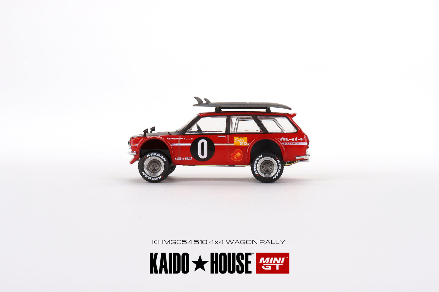 Mini GT Kaido House 054 Datsun 510 Wagon 4X4 Red with Surfboard 1:64