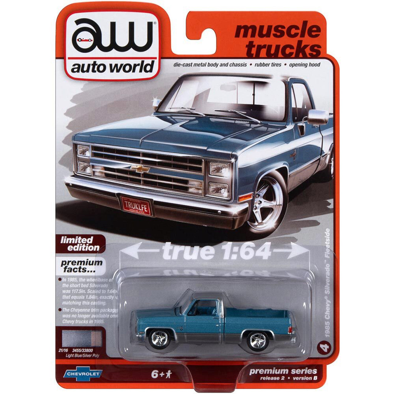 Auto World Muscle Truck 1985 Chevy Silverado Fleetside Light blue Silver Poly 1:64