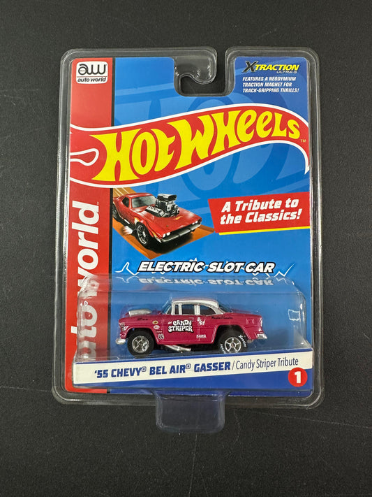Auto World Slot Car Hot Wheels 55 Chevy Bel Air Gasser Candy Striper Tribute 1:64