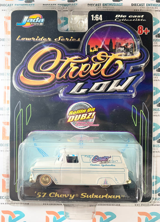 Jada Toys Street Low 57 Chevy Suburban White Gold Wheels 1:64