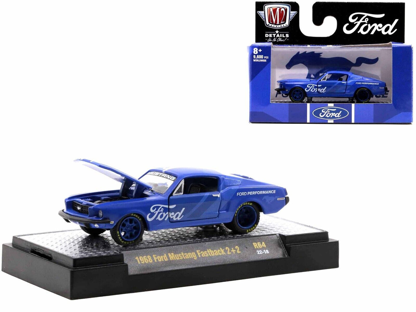 M2 Machines Auto Meets Release 64 1968 Ford Mustang Fastback 2+2 Blue 1:64