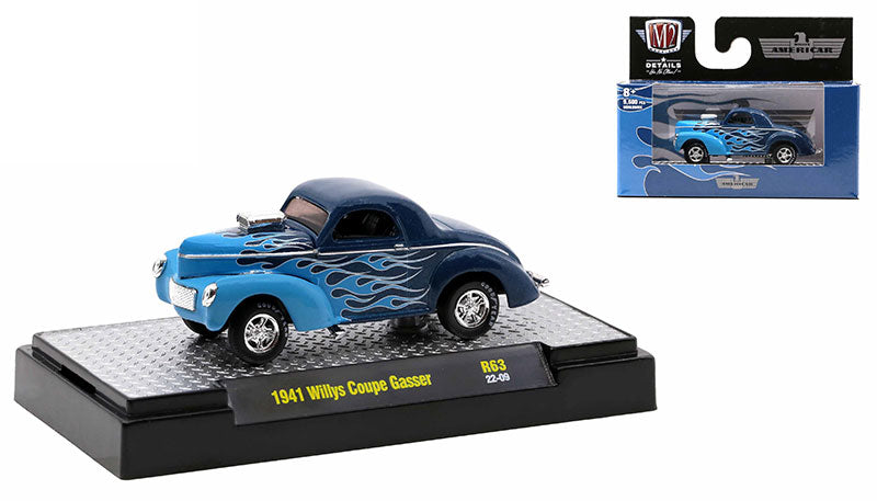 M2 Machines Detroit Muscle Release 63 1941 Willys Coupe Gasser Blue Flames 1:64