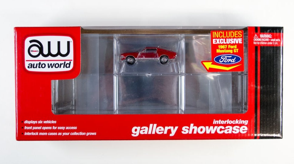 Auto World Interlocking Gallery Showcase 6 Cars with 1967 Ford Mustang GT Red 1:64