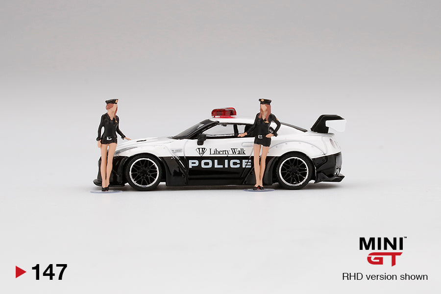 Mini GT 147 Liberty Walk Police Nissan GTR with Figures 1:64