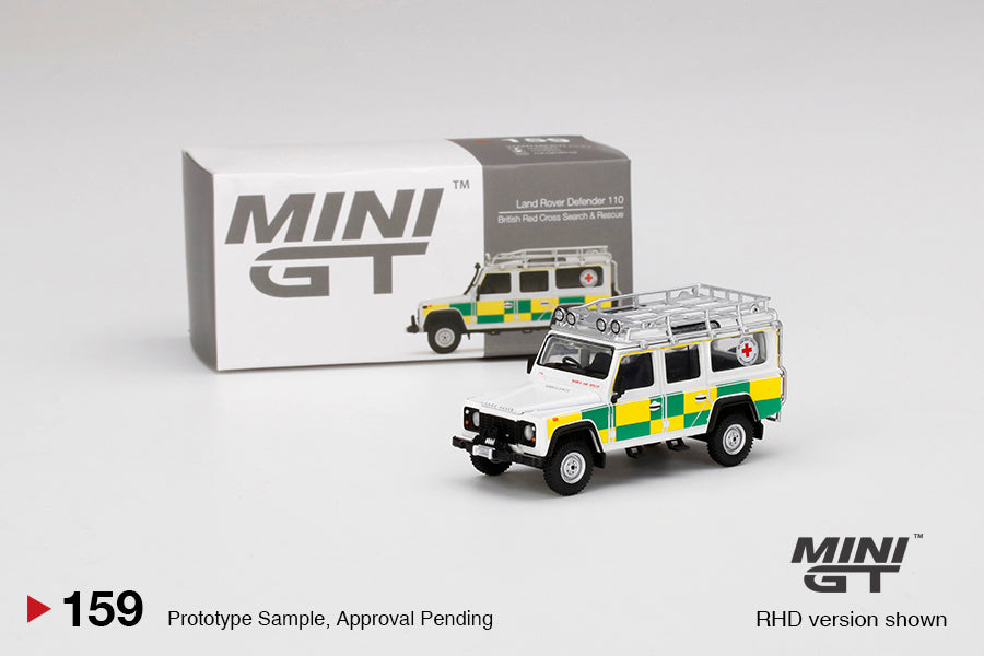 Mini GT Mijo Exclusive World Wide 159 Land Rover Defender 110 British Red Cross Search & Rescue RHD 1:64