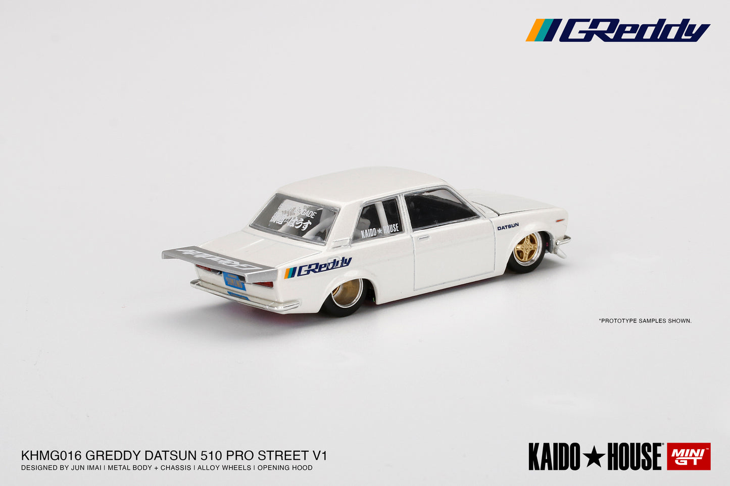 Mini GT Kaido House 016 Datsun 510 Pro Street Greddy Pearl White 1:64