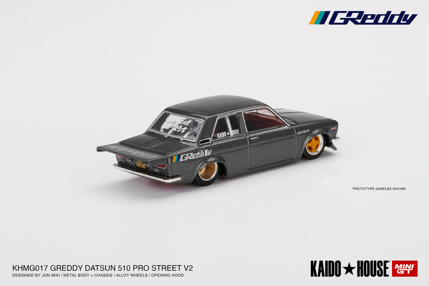 Mini GT Kaido House 017 Datsun 510 Pro Street Greddy Gun Metal Grey 1:64