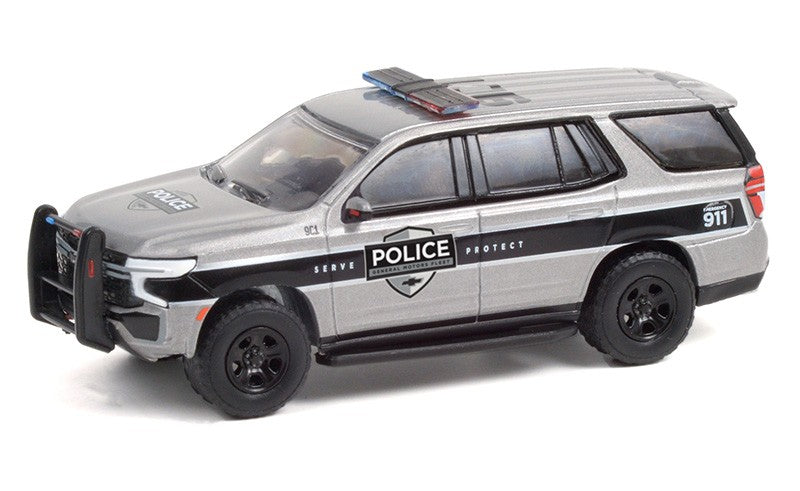 Greenlight Hot Pursuit General Motors Fleet Detroit Michigan 2021 Chevrolet Tahoe Police Pursuit Satin Steel 1:64