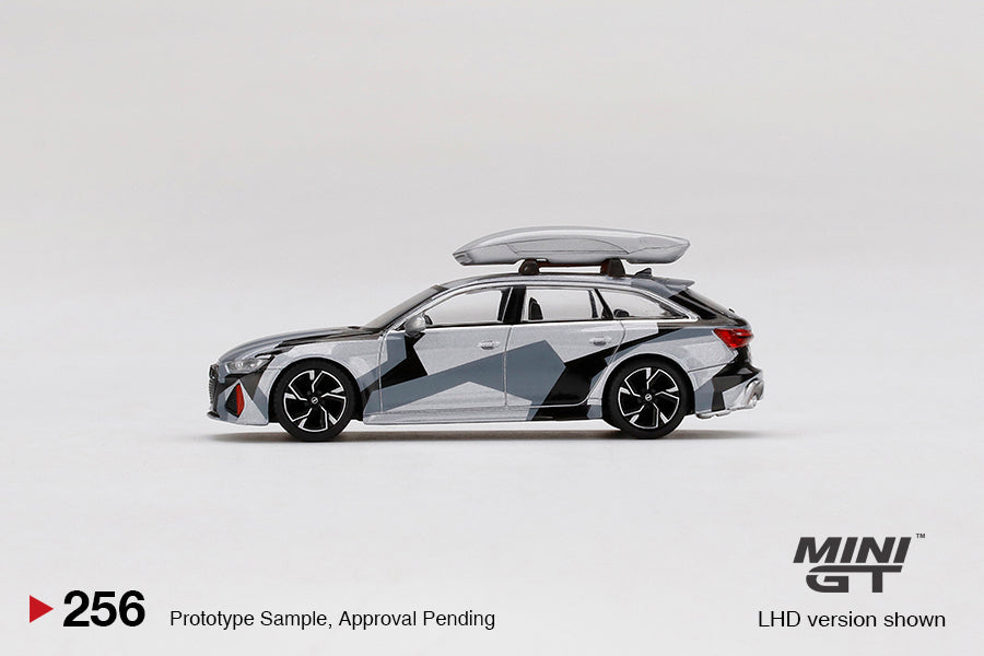 Mini GT China Exclusives 256 Audi RS6 Avant Wagon Silver Digital Camouflage with Roof Box 1:64