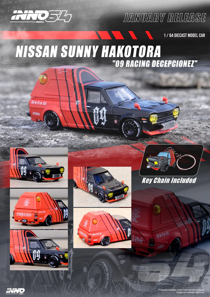 Inno64 Nissan Sunny Hakotora 09 Racing Decepcionez Red Black with Keychain 1:64