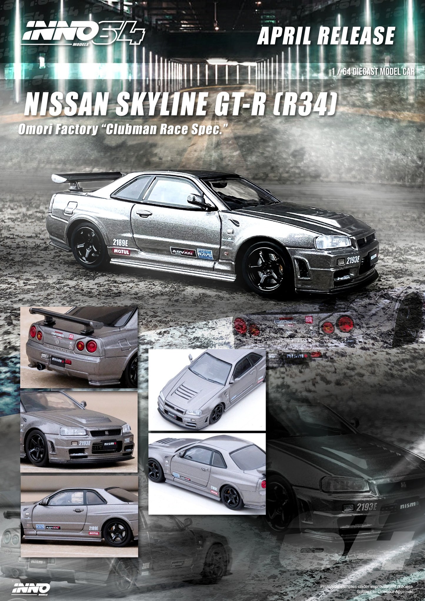 Inno64 Nissan Skyline GTR R34 Omori Factory "Clubman Race Spec" Gray 1:64