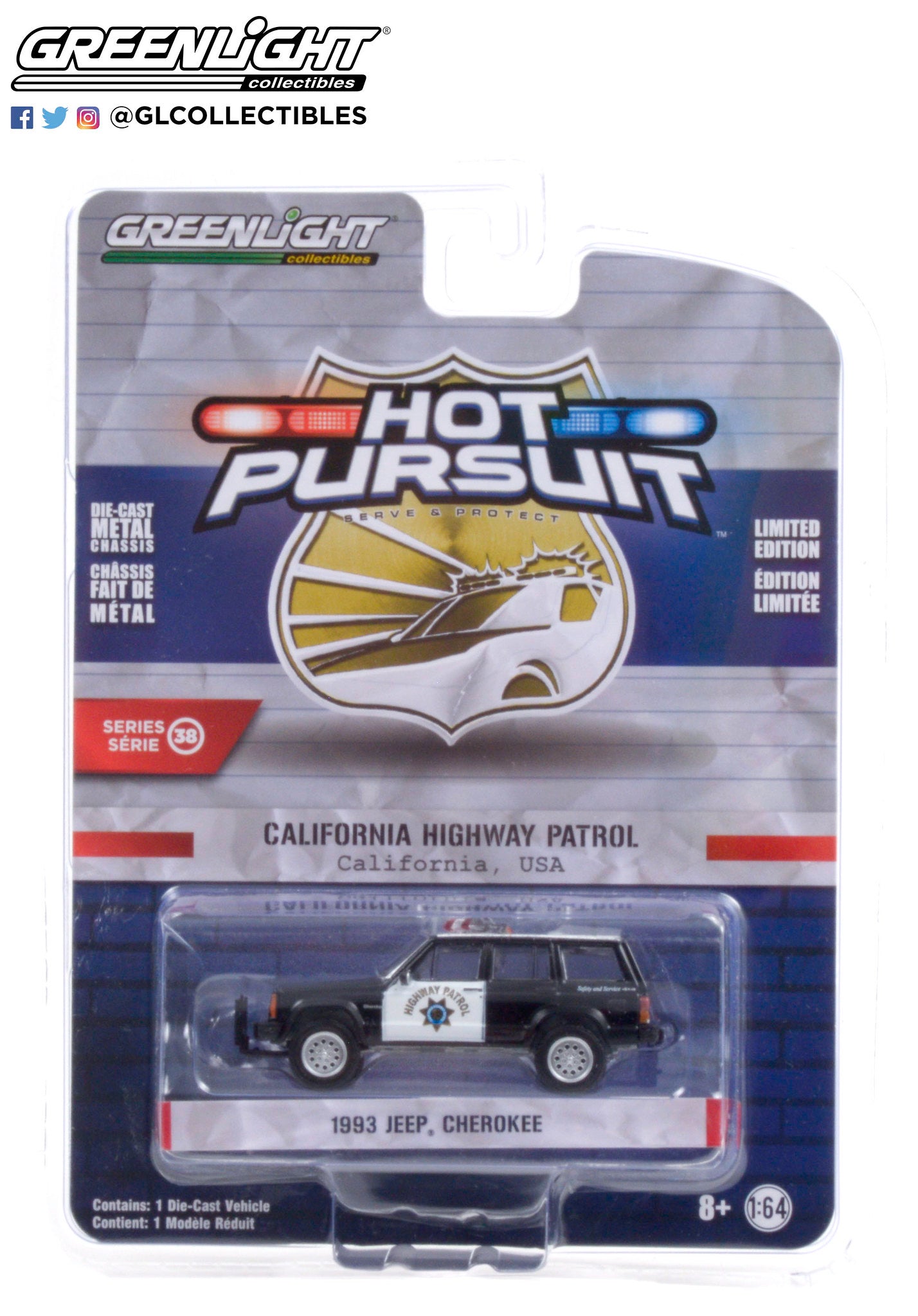 Greenlight Hot Pursuit California Highway Patrol Police 1993 Jeep Cherokee Black White 1:64