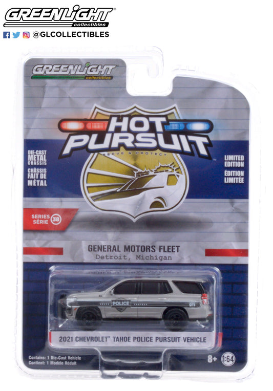 Greenlight Hot Pursuit General Motors Fleet Detroit Michigan 2021 Chevrolet Tahoe Police Pursuit Satin Steel 1:64