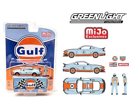 Greenlight Mijo Exclusives 2021 Ford Mustang Mach 1 Gulf Racing with Figure 1:64
